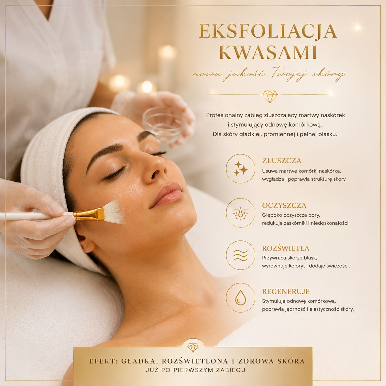 Eksfoliacja kwasami Trzebnica wykonywana podczas profesjonalnego zabiegu pielęgnacyjnego twarzy w Aden Beauty Clinic